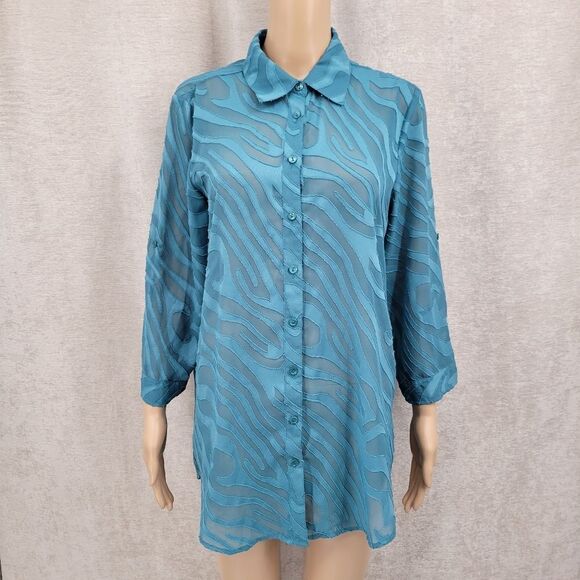 a la carte Blue Burn Out Sheer Zebra Pattern Tunic Adjustable Sleeves - Picture 1 of 12